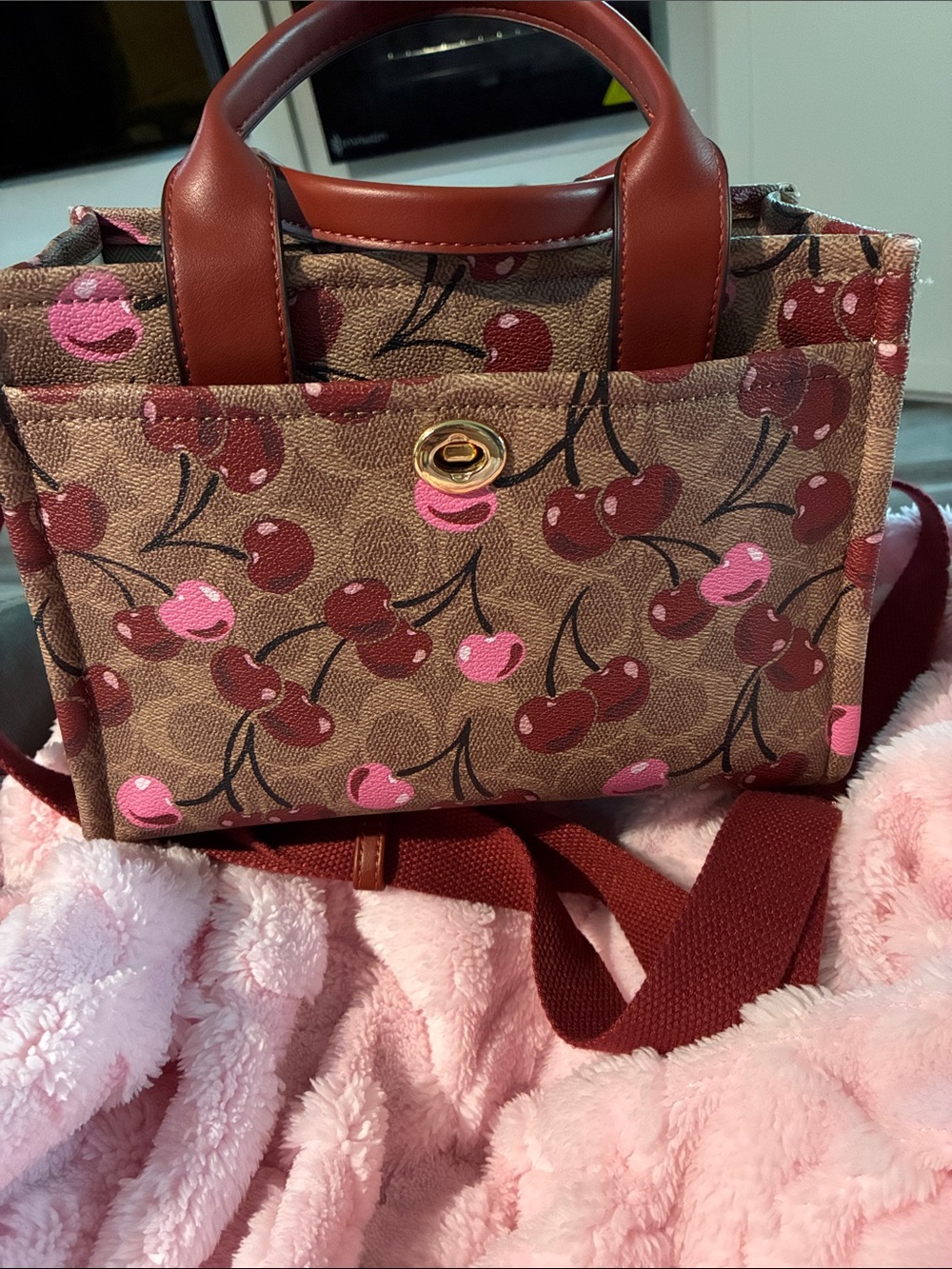 Cherry Print Canvas Tote Bag in Brown and Pink